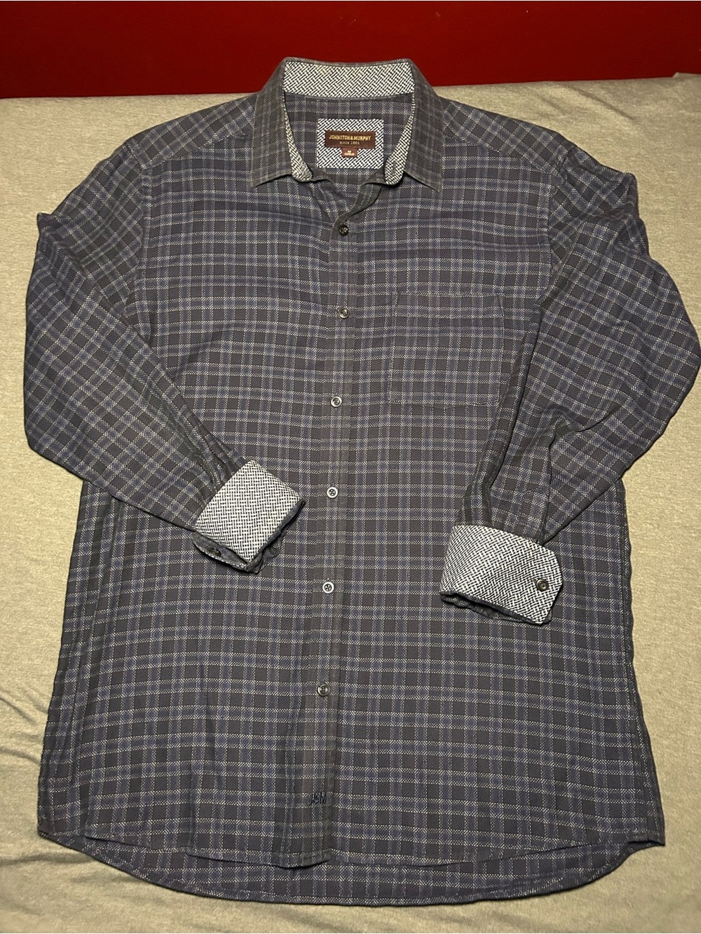 Johnston & Murphy Navy and Gray Plaid Button-Down Shirt